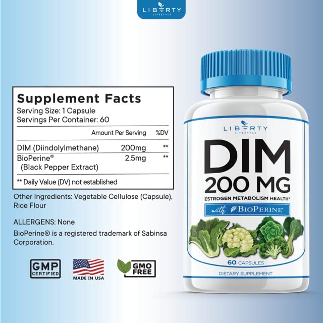 Liberty Lifestyle DIM Supplement 200mg - DIM Diindolylmethane Plus BioPerine - Estrogen Balance
