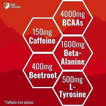 High Exposure Pre Workout Energy Mix | Pre Workout Powder for Men and Women | Endurance, Power, Strength | Beta-Alanine, BCAAs, L-Theanine, Beetroot (Fruit Punch - Caffeine Free)
