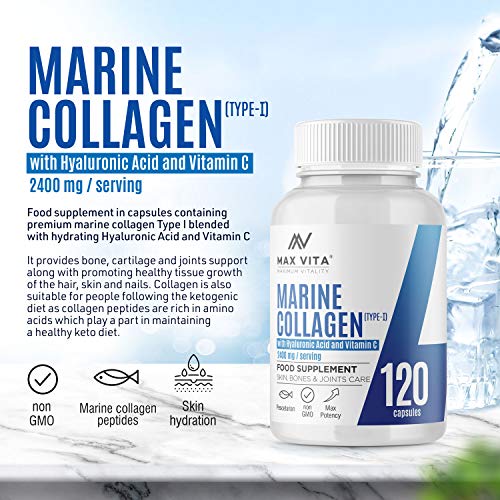 Marine Collagen Type 1 2400mg - 120 Capsules Supplement with Hyaluronic Acid and Vitamin C MAX VITA MAXIMUM VITALITY