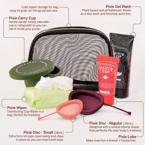 Pixie Menstrual Disc Kit - Best Period Disc Starter Kit - 2 Discs, 20 Wipes, Wash, Lube, Public Restroom Pixie Cup