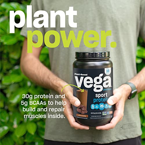 Vega Sport Premium Vegan Protein Powder, Chocolate - 30g Plant Based Protein, 5g BCAA Vega
