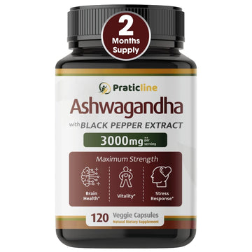 PRATIC LINE Ashwagandha Capsules 3,000 mg - 120 Vegan Cap Made with Organic 