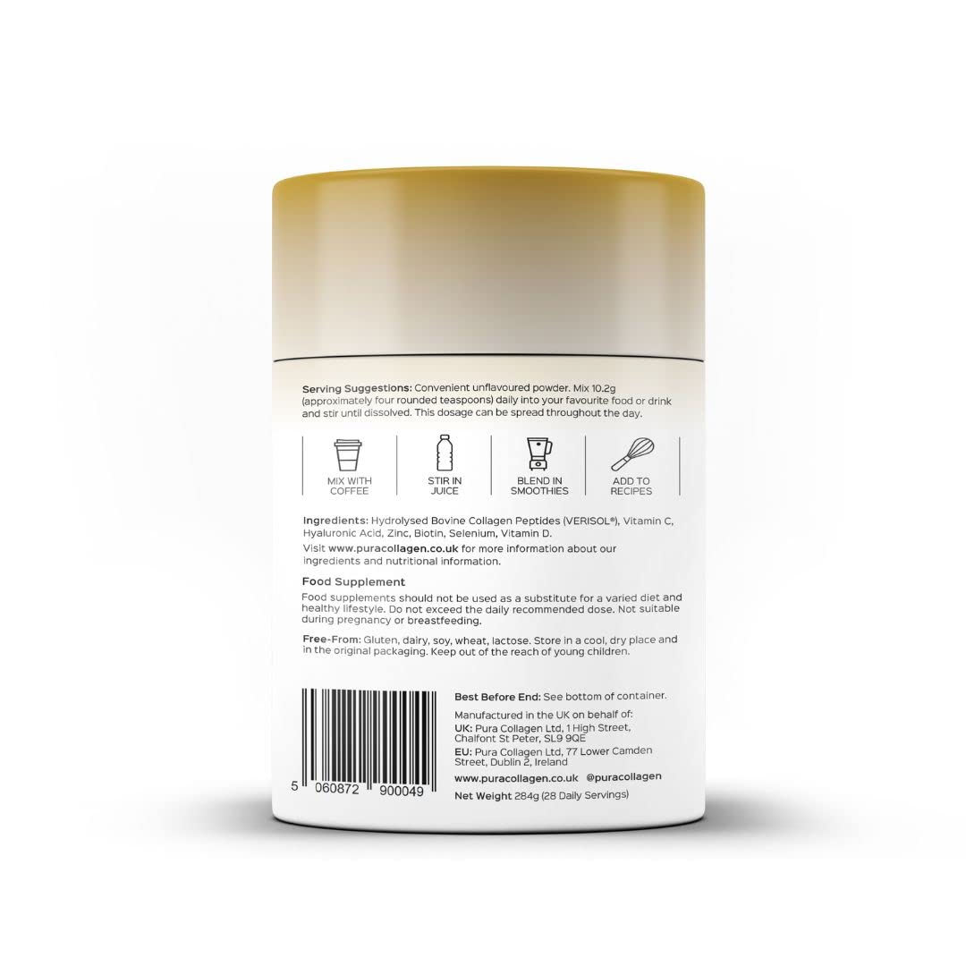 Pura Collagen Powdered Supplement Glow+, 10,000mg Hydrolysed Peptides, Hyaluronic Acid, Vitamins & Minerals, 28 Servings, 284 g Pura Collagen