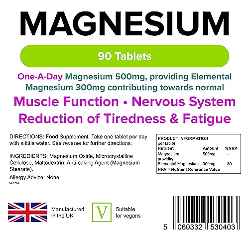 Lindens 500mg Magnesium Tablets | 90s 1-a-Day | Made in The UK | Tiredness, Muscle