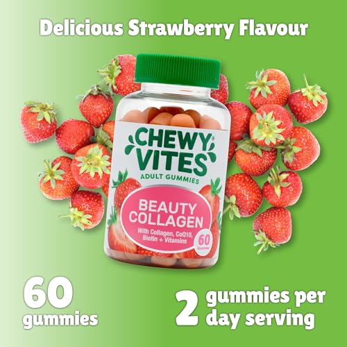 Chewy Vites Beauty Collagen 60 Gummy Vitamins |Hydrolised Collagen, CoQ10, Biotin + Vitamins | 1 Month Supply | Real Fruit Juice | Berry Flavour | 2-a-Day | CHEWY VITES