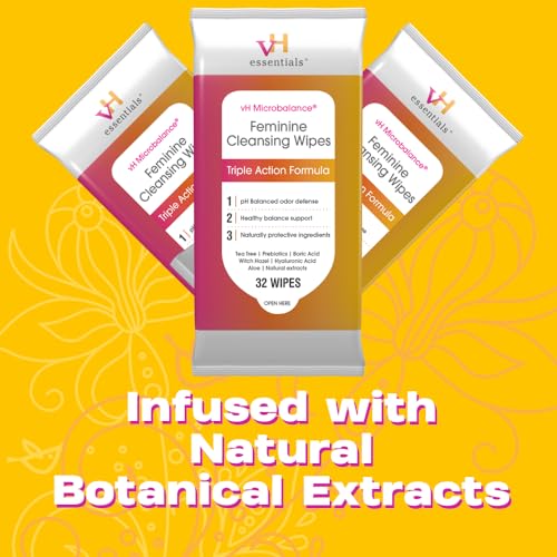 vH essentials Feminine Cleansing Wipes - pH Balanced, Prebiotics, Tea Tree & Aloe, Soothing Witch Hazel