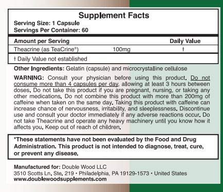 Theacrine (Teacrine) 100 Mg, 60 Capsules - Energy and Focus Supplement (Similar to Caffe Double Wood Supplements