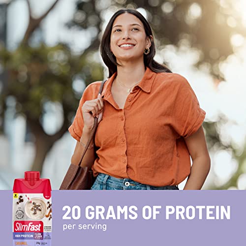 SlimFast Protein Shake with Caffeine, Caramel Macchiato- 20g Protein, Meal Replacement SlimFast