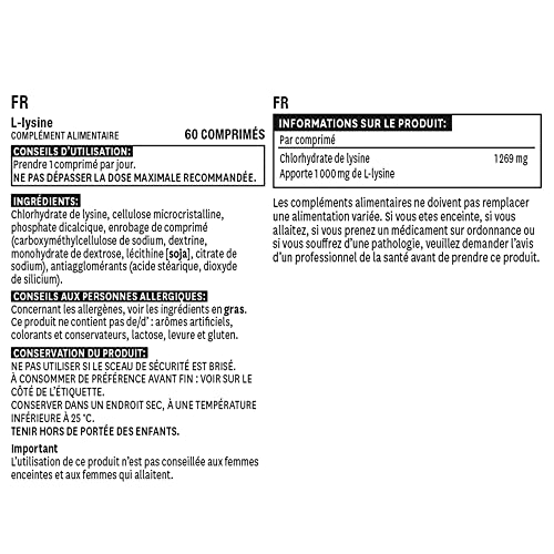 Natures Aid L-Lysine 1000 mg, High Potency Essential Amino Acid, Vegan, 60 Tablets natures aid
