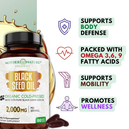 Organic Black Seed Oil Capsules - 3 Month Supply - 180 Count (2000mg Per Serving) Mother Nature Organics Superfoods for Organic Living