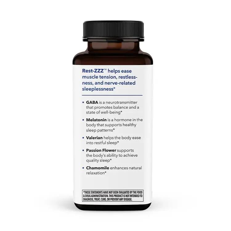 Rest-ZZZ - Powerful Sleep Support Supplement - Fall Asleep & Stay Asleep - Calms Nervous System - Naturally Ease Muscle Tension & Restlessness - Low Dose Melatonin GABA & Chamomile - 60 Capsules