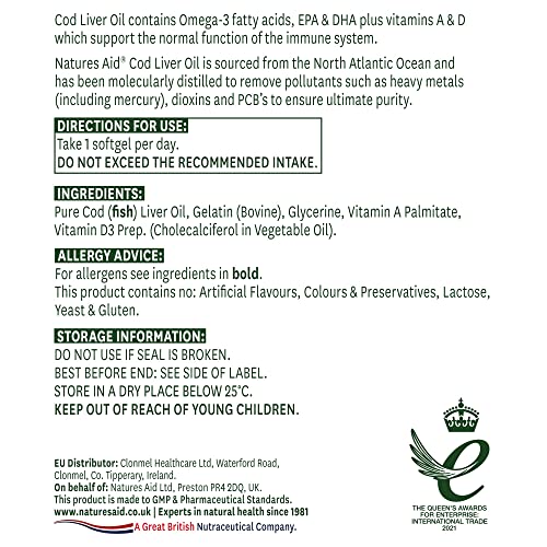 Natures Aid Cod Liver Oil, 1000 mg, 180 Softgel Capsules (High Strength, 254 mg Omega natures aid