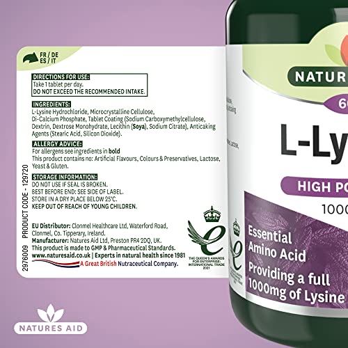 Natures Aid L-Lysine 1000 mg, High Potency Essential Amino Acid, Vegan, 60 Tablets natures aid