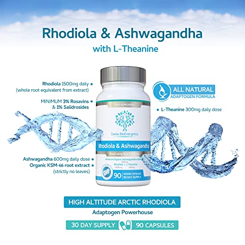 Rhodiola & Ashwagandha with L-Theanine - Award Winning Ashwagandha KSM-66 600mg swiss bioenergetics