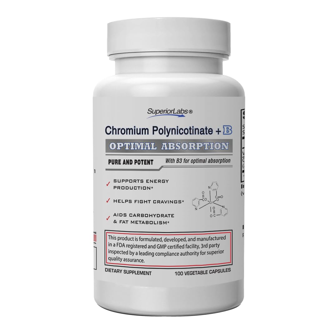 Pure Chromium Polynicotinate Supplement - Made in USA - 200mcg + Vitamin B3 for Optimal