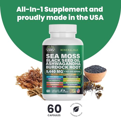 Sea Moss Capsules with Black Seed Oil, Burdock Root, Bladderwrack, Turmeric, Ashwagan Zeus Naturals
