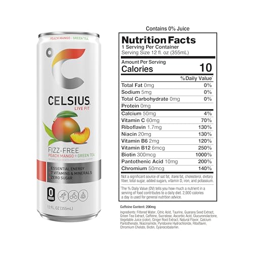CELSIUS Peach Mango Green Tea, Functional Essential Energy Drink 12 Fl Oz (Pack of 12) CELSIUS