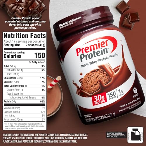 Premier Protein Powder, Chocolate Milkshake, 30g Protein, 1g Sugar, 100% Whey Protein Premier Protein