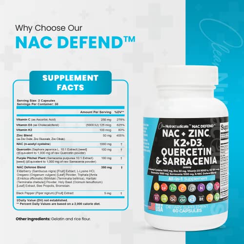 NAC Supplement N-Acetyl Cysteine 1000mg Vitamin D3 K2 Zinc Quercetin