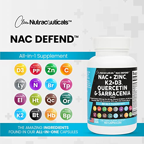 NAC Supplement N-Acetyl Cysteine 1000mg Vitamin D3 K2 Zinc Quercetin