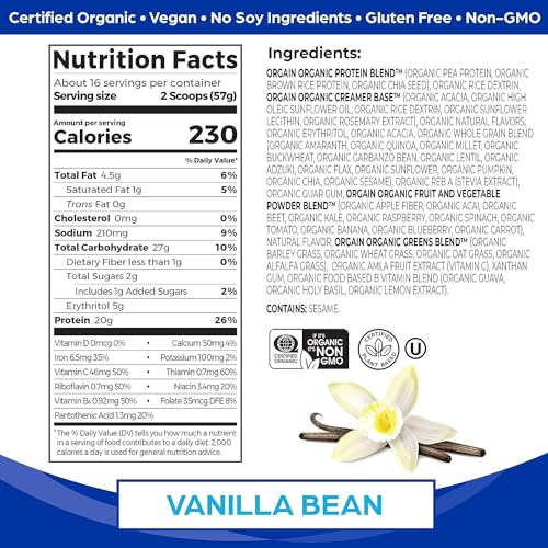 Orgain Organic Vegan Meal Replacement Protein Powder, Vanilla Bean - 20g Plant Based Orgain