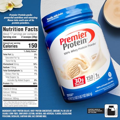 Premier Protein Powder, Vanilla Milkshake, 30g Protein, 1g Sugar, 100% Whey Protein Premier Protein