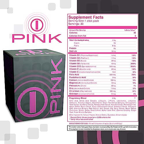 Energy Drink Powder, bHIP Pink for Women 30 Drink Mix Packets. Energy Supplements b:hip