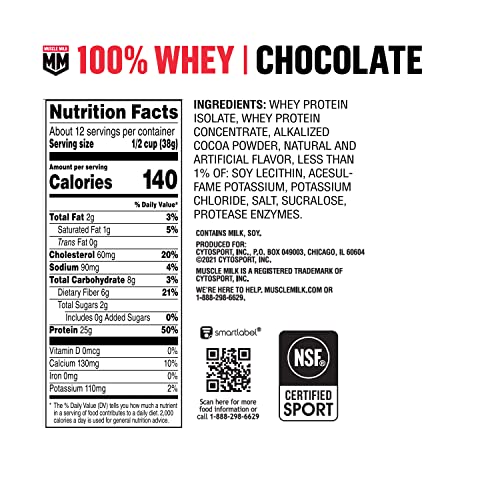 Muscle Milk 100% Whey Protein Powder, Chocolate, 5 Pound, 66 Servings, 25g Protein Muscle Milk