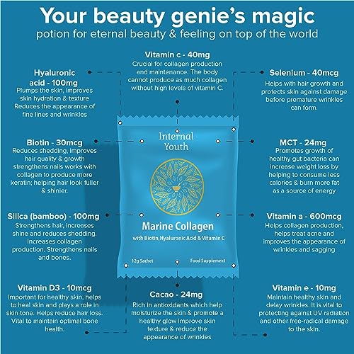 Marine Collagen Powder 10000mg with Hyaluronic Acid Biotin and Vitamin C A D3 E - Collagen Internal Youth