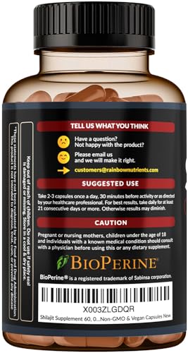 Pure Himalayan Shilajit Capsules Supplement (60,000mg+ Absorption Enhancer+50% Rainbow Nutrients, LLC