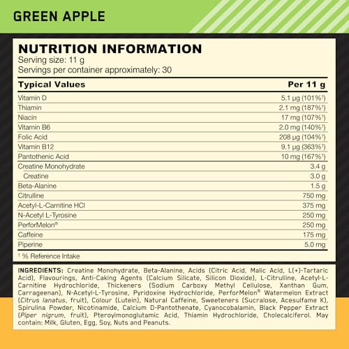 Optimum Nutrition Gold Standard Pre Workout Green Apple Flavoured Powder, 330g Optimum Nutrition