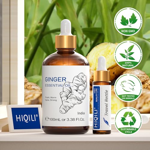 HIQILI Pure Ginger Essential Oil 3.38 Fl Oz, Pure Natural Premium Ginger Oil for Massage HIQILI
