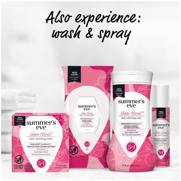 Summer's Eve Sheer Floral Daily Refreshing Feminine Wipes, Removes Odor, pH balanced, 16 count, (Pack of 8) Summer's Eve