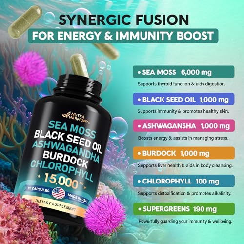 Irish Sea Moss | Black Seed Oil | Ashwagandha | Burdock | Chlorophyll | Supergreens NUTRAHARMONY