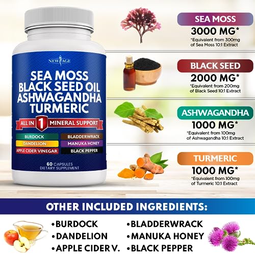 Silica Sea Moss 3000mg Black Seed Oil 2000mg Ashwagandha 1000mg Turmeric 1000mg NEW AGE