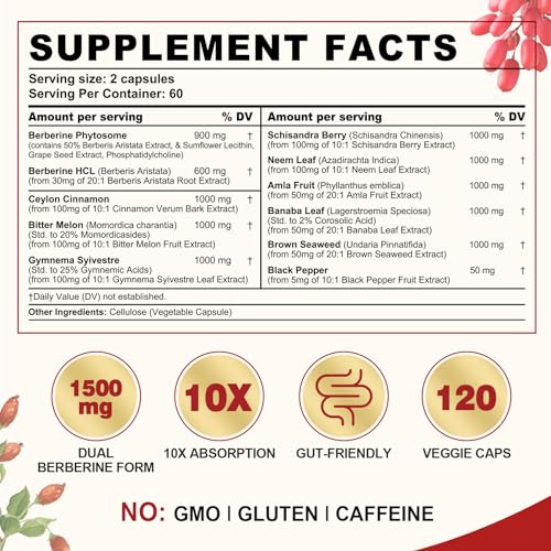 Berberine Supplement Organic 1500mg with Ceylon Cinnamon Bitter Melon & Banana Leaf envycure