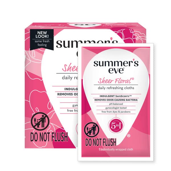 Summer's Eve Sheer Floral Daily Refreshing Feminine Wipes, Removes Odor, pH balanced, 16 count, (Pack of 8) Summer's Eve