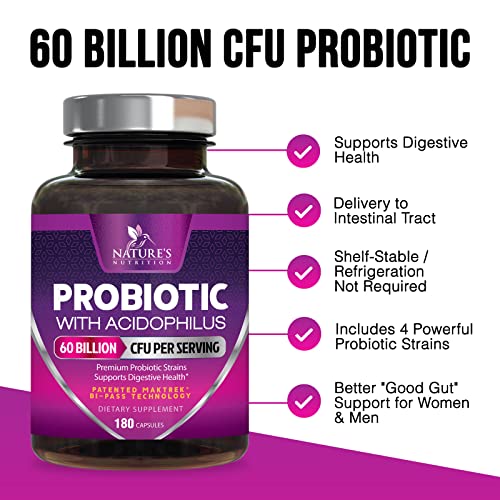 Probiotics, 60 Billion CFU per Serving, Probiotic with Prebiotics for Digestive & Immune Health Nature's Nutrition