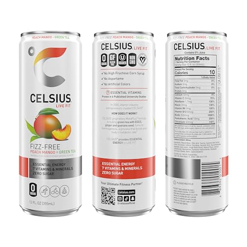 CELSIUS Peach Mango Green Tea, Functional Essential Energy Drink 12 Fl Oz (Pack of 12) CELSIUS