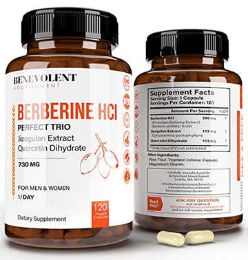 Premium Berberine HCL 730mg - 120 VCAPS Perfect Trio Complex with Non-GMO Jiaogulan
