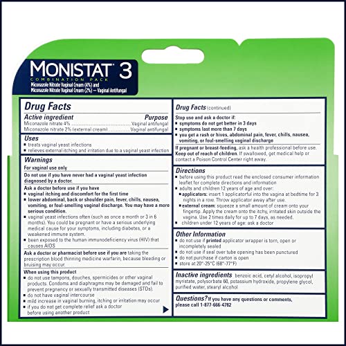 Monistat 3 Day Yeast Infection Treatment for Women, 3 Miconazole Pre-Filled Cream Applicators & External Monistat