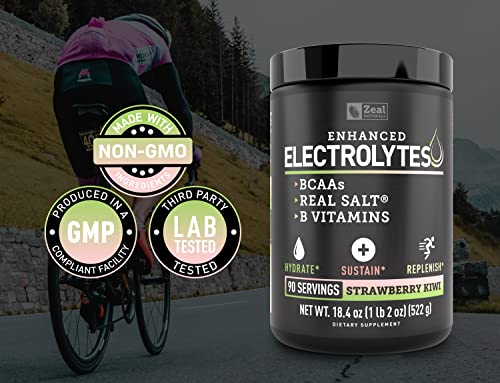 Enhanced Electrolyte Powder (Strawberry Kiwi | 90ct.) Sugar Free + BCAA, B-Vitamins Zeal Naturals