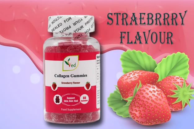 Ved Collagen Gummies; Chew Gummies Strawberry Flavour, Raw Unfiltered Collagen Gummies Ved