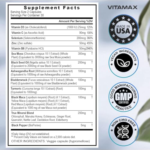 Sea Moss 3000mg Maca 1000mg Black Seed Oil 2000mg Ashwagandha 1000mg Bladderw Vitamax