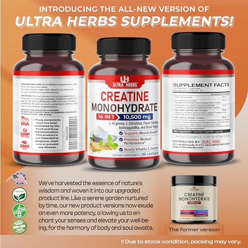 Ultra Creatine Pills Muscle Growth 9800mg Creatine Monohydrate Capsules w Ginseng