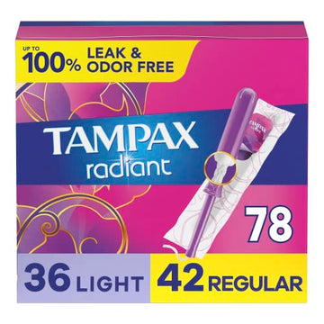 Tampax Radiant Tampons Multi Pack with LeakGuard Braid, Light/Regular Absorbency, Unscented, 26 Count