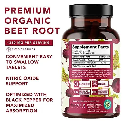 USDA Plant.O Premium Organic Beet Root Tablets [1350mg Beets Powder] with Black Pepper