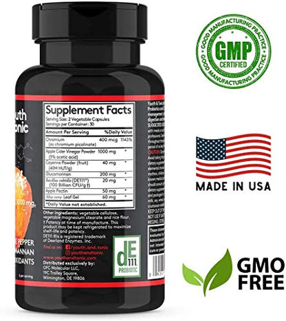 Youth & Tonic Natural Appetite Suppressant for Weight Loss / 1000 mg Apple Cider