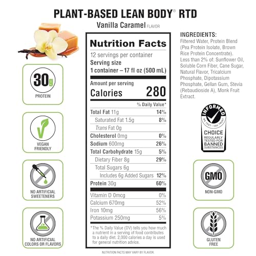 Lean Body Ready-to-Drink, Plant-Based Vegan Vanilla Caramel Protein Shake, 30g Protein Labrada
