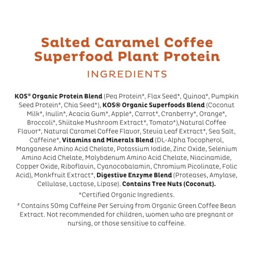 KOS Organic Vegan Protein Powder with 50mg Caffeine, Salted Caramel Coffee KOS